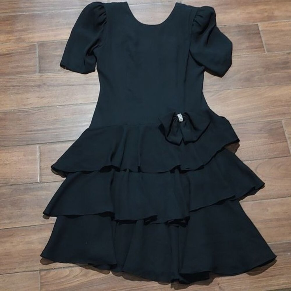 Vintage Black Tiered Midi Dress with Puff Sleeves